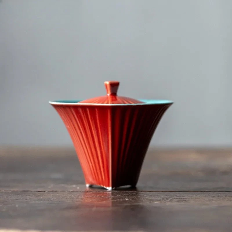 

100 мл коралловый красный треугольник ручной работы с двойной глазурью Gaiwan Boutique Чайная чаша с крышкой Набор Чайная крышка Чаша для заваривания чая Кафе