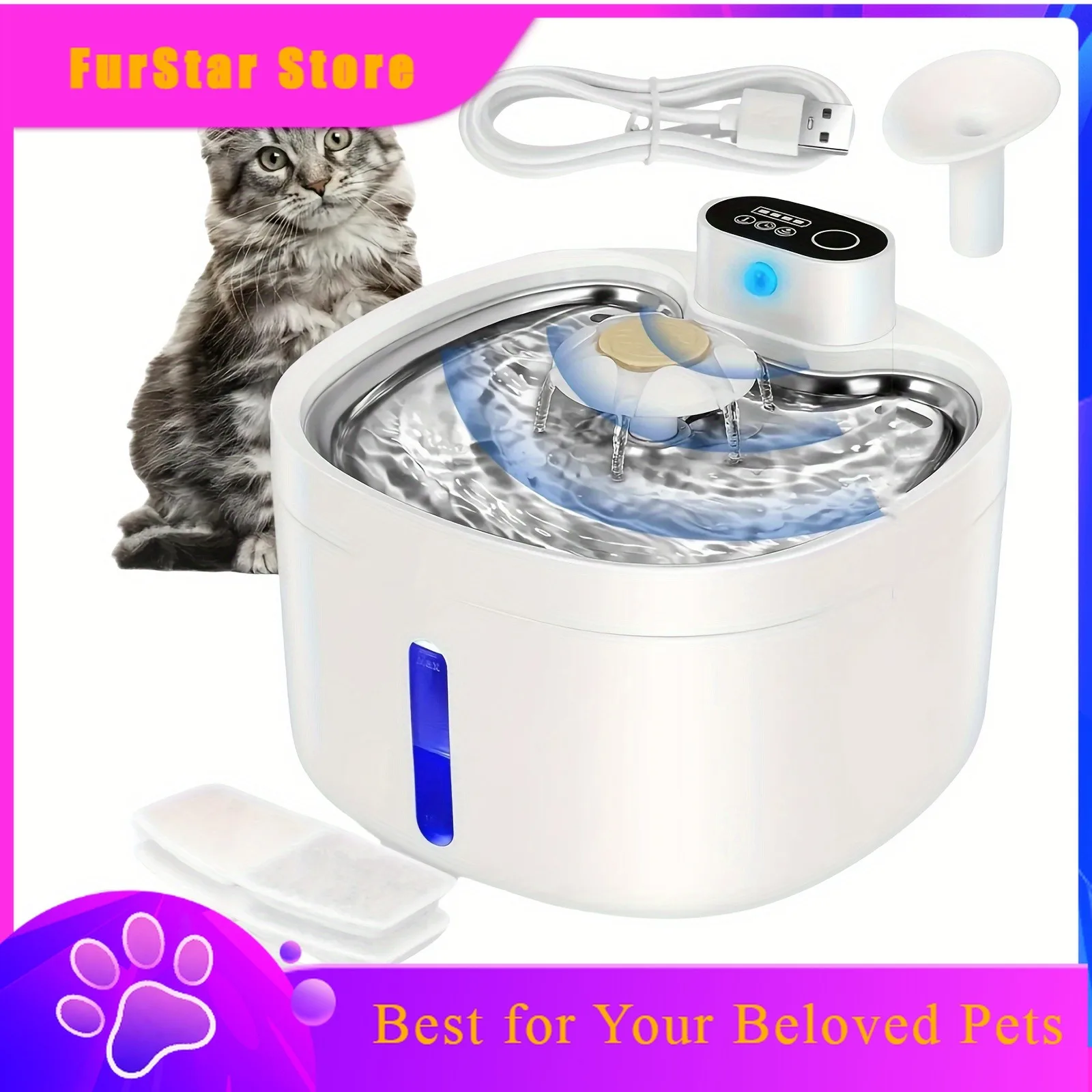 FurStarPet Automatic Water Dispenser, Non Plug In Cat Water Dispenser, Stainless Steel Wireless Constant Temperature Water Dispe