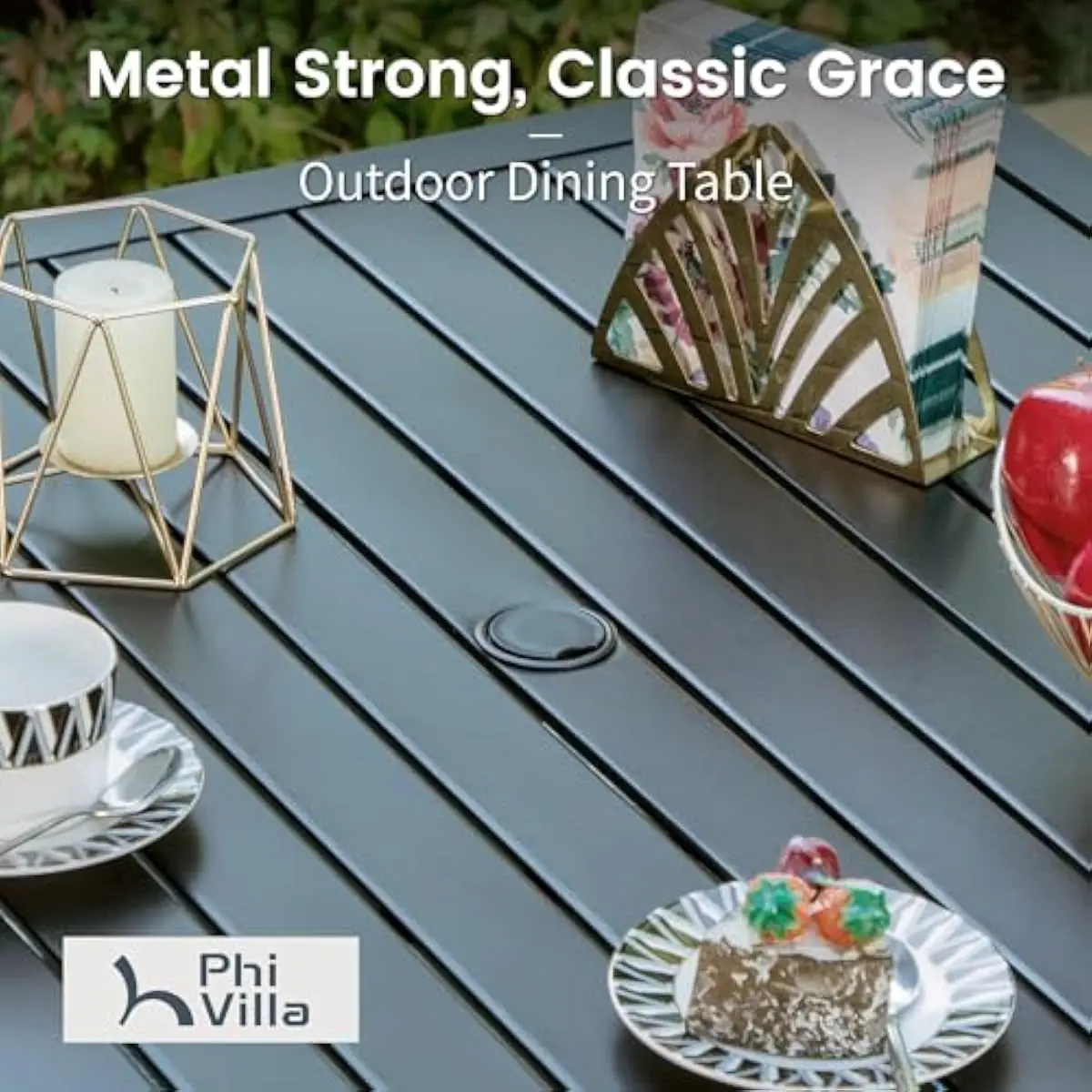 5 Piece Weatherproof Patio Dining Ensemble Featuring Square Table with 1.57 Inch Umbrella Aperture and Matching Beige Canopy Mea