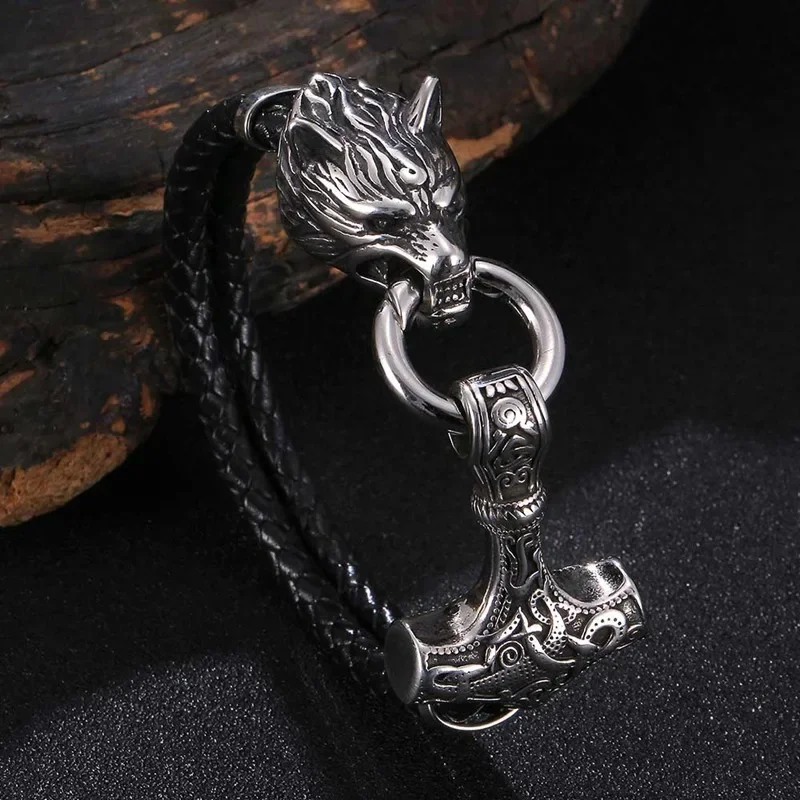 Stainless Steel Wolf Head Norse Viking Amulet Thor Hammer Men Leather Bracelet Bangle Punk Vintage Male Wristband Jewelry SP1088