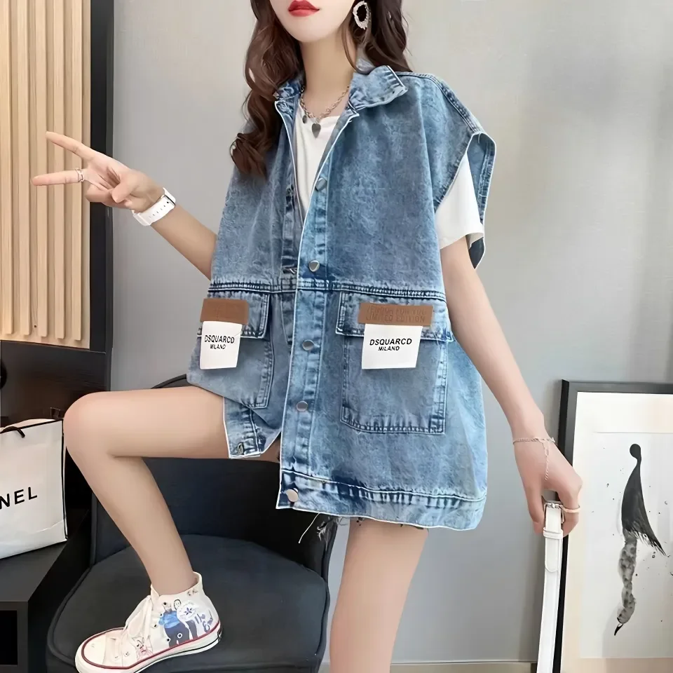 

Женский рваный джинсовый жилет без рукавов, верхняя одежда, корейская мода, уличная одежда в стиле ретро, свободная весенне-летняя Осенняя Студенческая куртка, Новинка