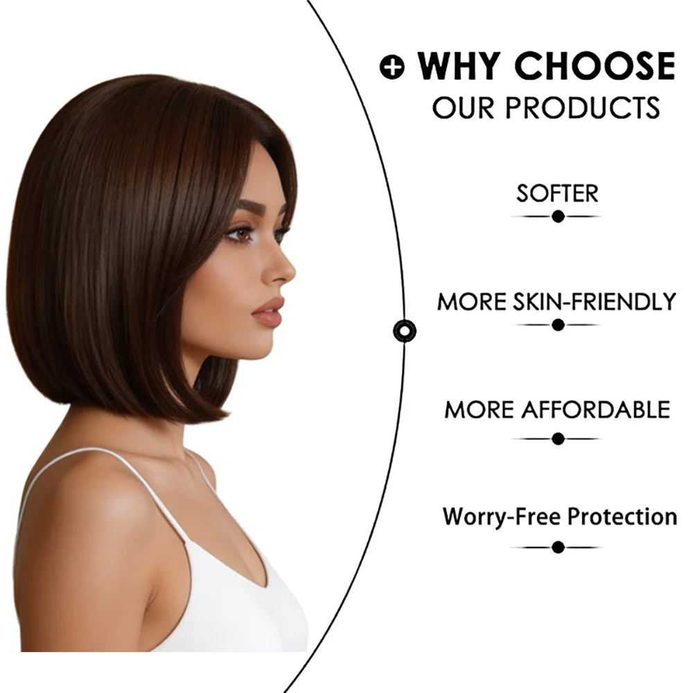 Medium Brown Bob Wig 12 Inch Side Part Straight Heat Resistant Synthetic Natural Hairline Adjustable Cap Daily Wear Fits All