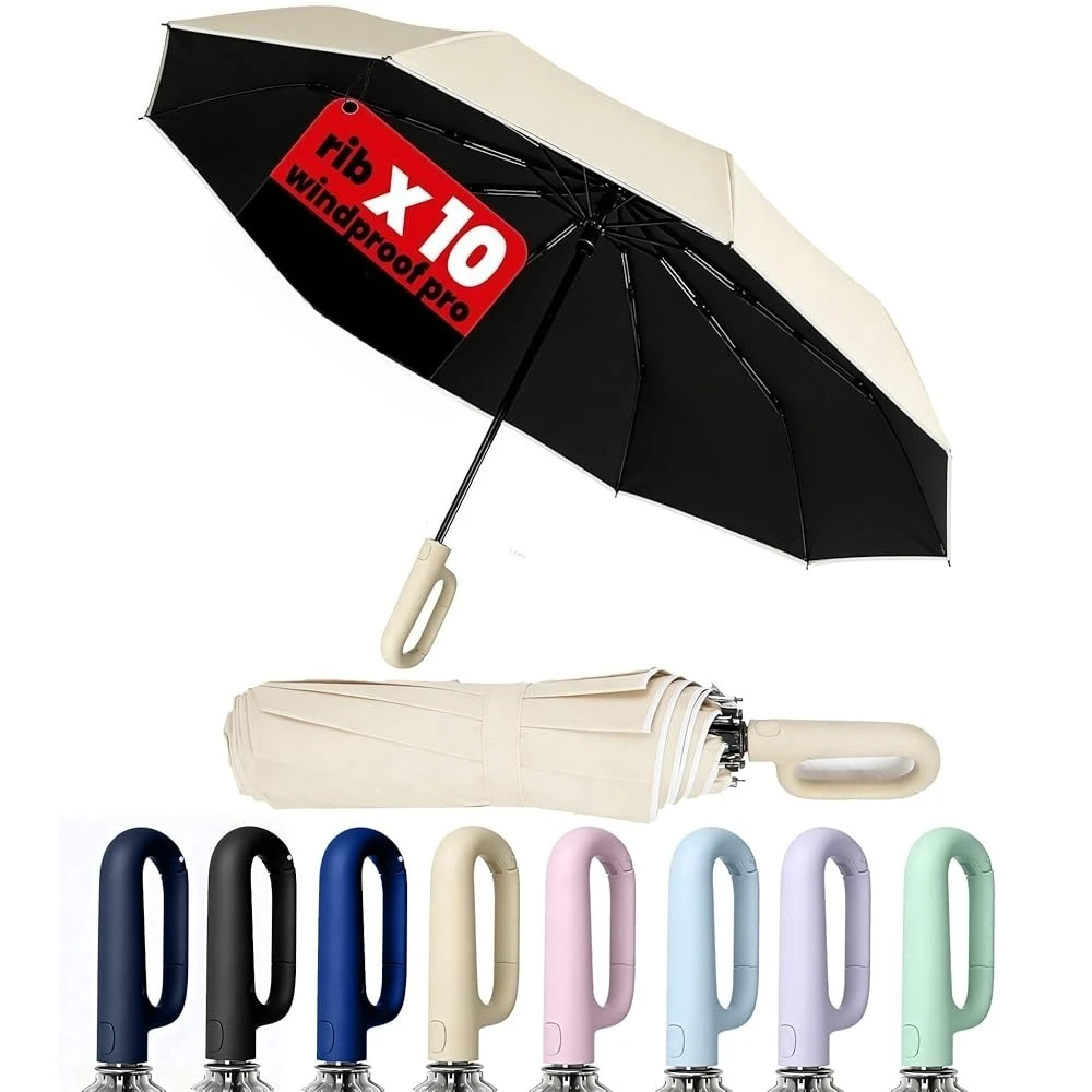 

Зонт для путешествий с ручкой-карабином - ветрозащитный, 10 спиц, автоматическое открытие/закрытие, защита от дождя и солнца, компактный, портативный
