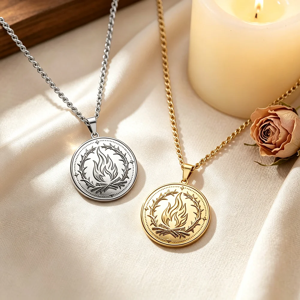 Men Women Thorn Wreath Flame Coin Pendant Necklace Stainless Steel Vintage Religious Amulet Sacred Fire Round Medal Jewelry