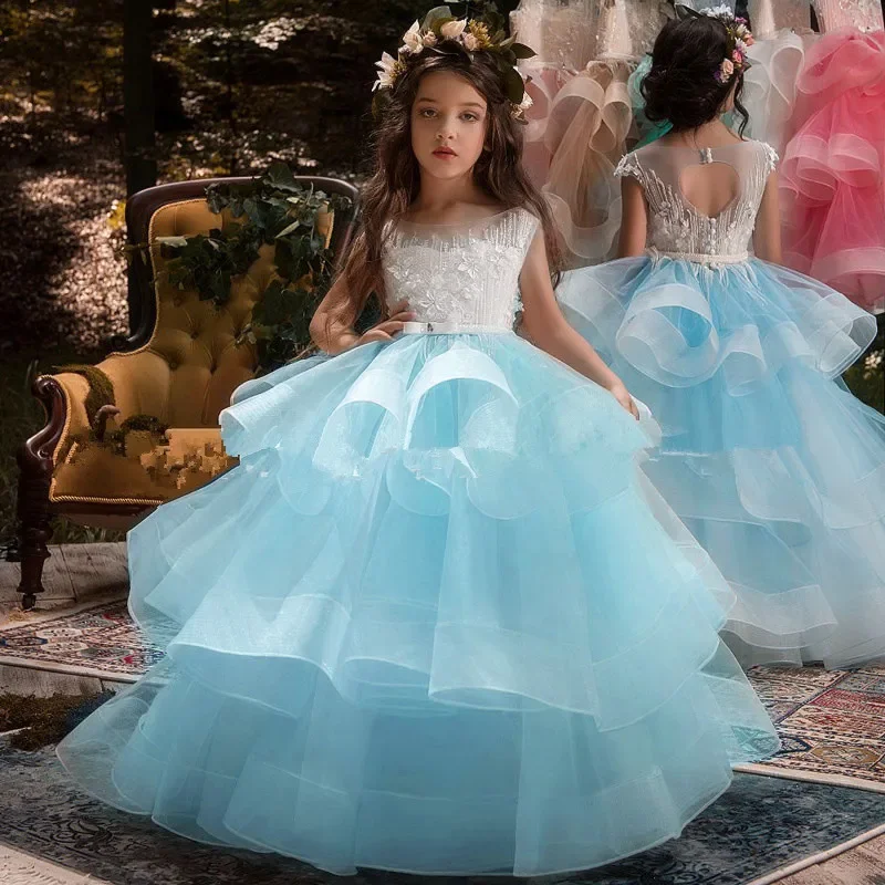 

Elegant Flower Girl Dresses Gossamer Appliqué Sleeveless Delamination Kids Pageant Gowns For Weddings First Communion Dresses