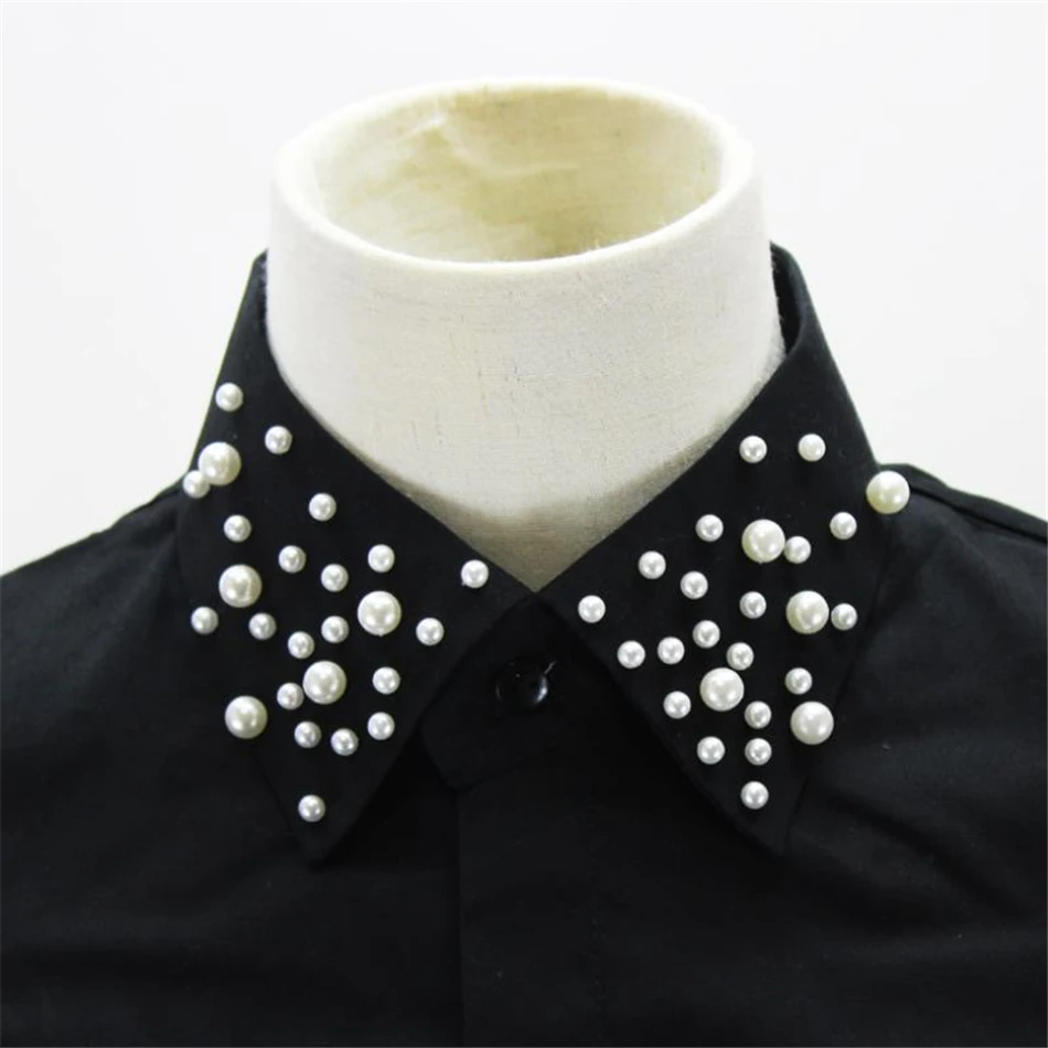 SHOWERSMILE Cotton Black Women'S Shirt Collar Detachable Pearl Beaded False Collar Autumn Female Shirt Sweater Fake Collar