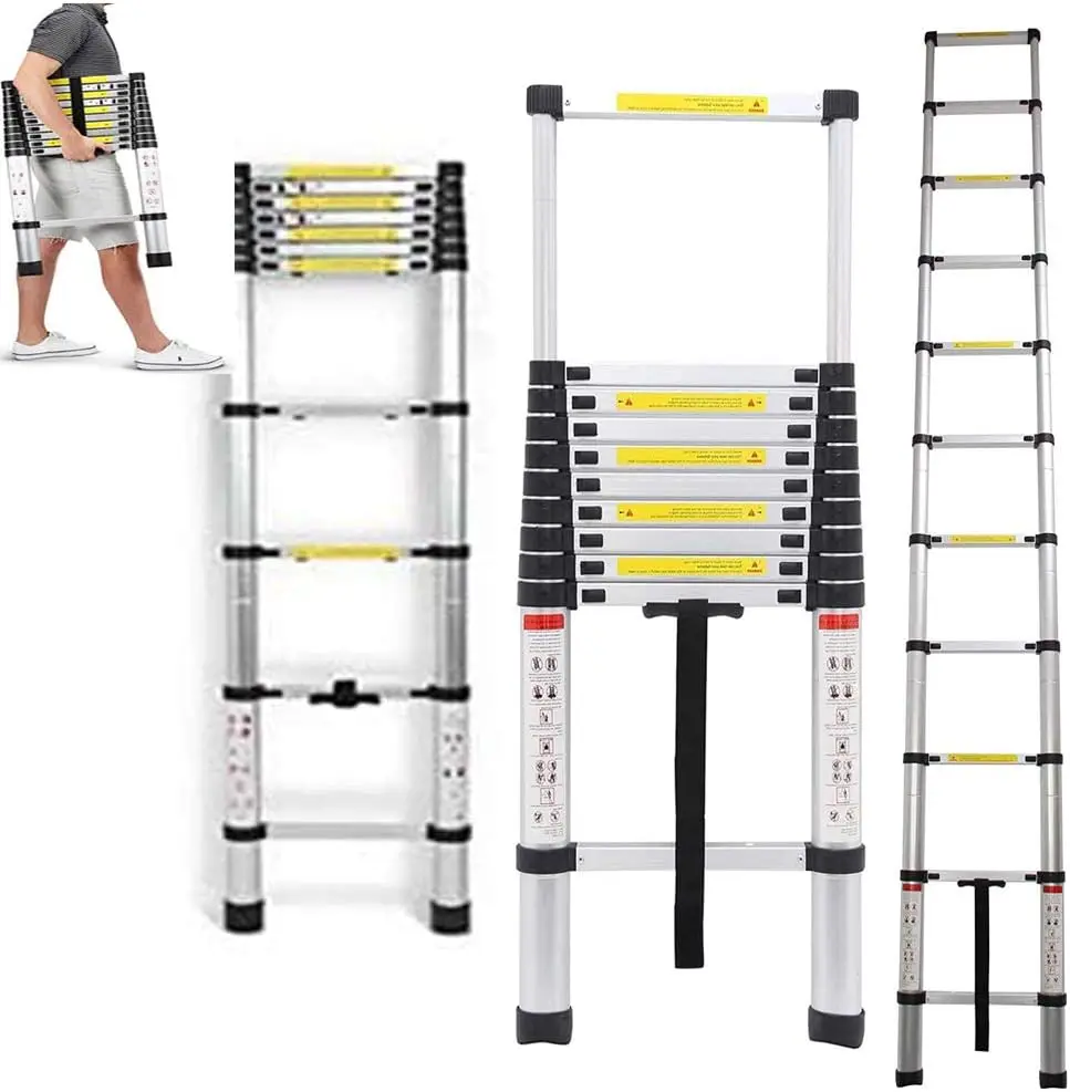 3.2m 알루미늄 텔레스코픽 사다리 접이식 휴대용 로프트 사다리 용량 최대 부하 150kg/330lb 가정용 EN131 경량 포함