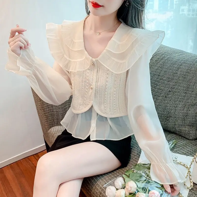 

Lapel Bubble Sleeve Lace Shirt Women's 2023 Spring Dress New Fashion Fake Two-piece Short Top