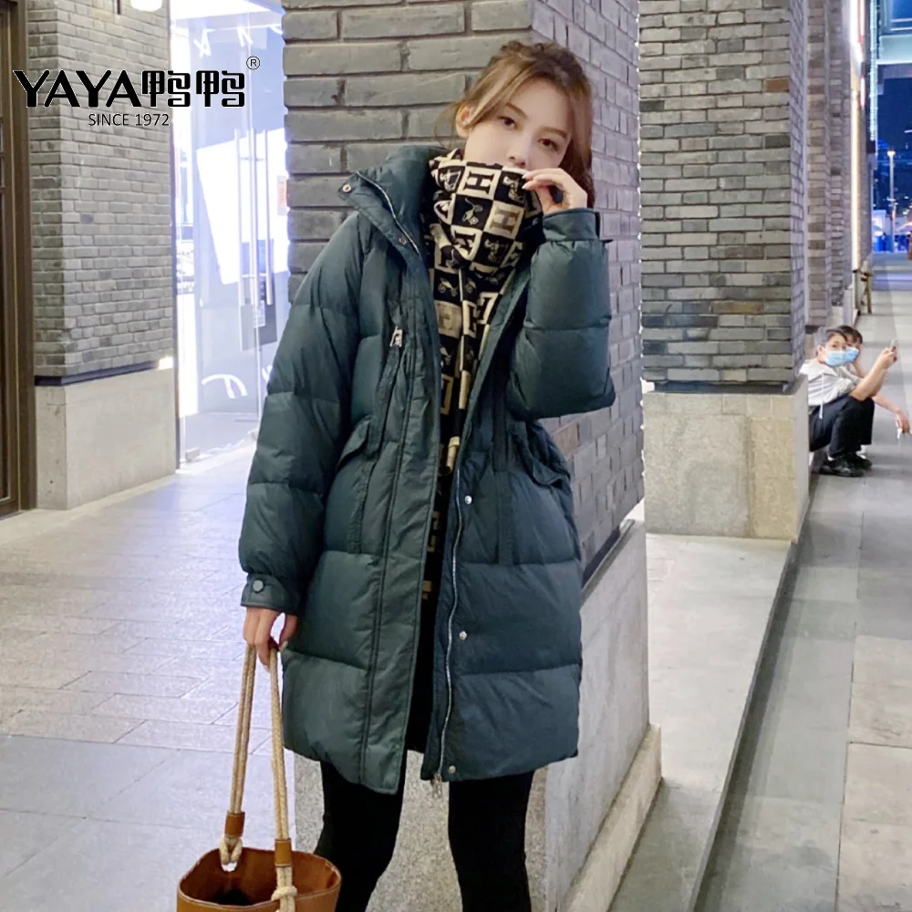 YAYA 2022 Women Puffy Down Jacket With Hood 루스 스타일 겨울 중간 길이 퓨어 컬러 웜 코트 패딩 파커