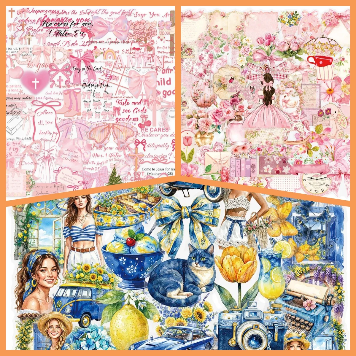 

50/150PCS Pink Transparent PET Stickers & Blue Yellow Watercolor Countryside Stickers - Stationery Notebook Room Decoration