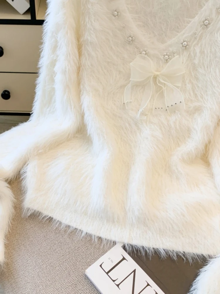 Français Vintage élégant Chic tricot doux pull gilet femmes ample col en v nœud Chic hauts décontracté mode bureau dame pulls en peluche