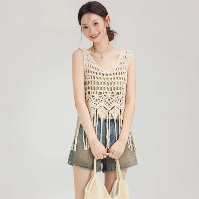 Summer Knitted Vest Tops Retro Sleeveless Tassel Shirt Fashion Women Hook Flower Hollow Out Pullovers Blouse