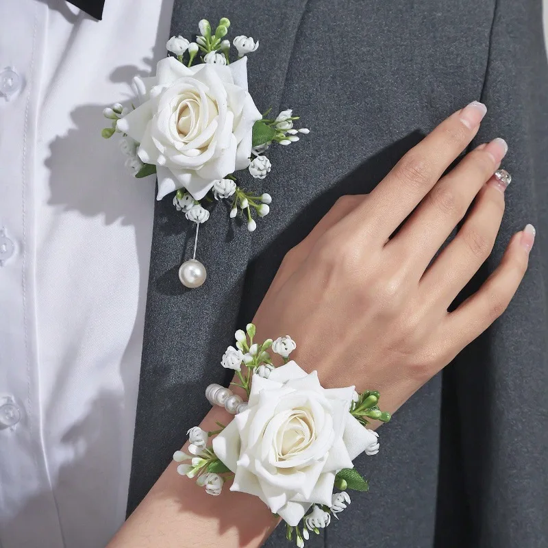 2Pcs Burgundy Rose Wrist Corsage & Boutonniere Set, Artificial Red Rose Flower for Bridesmaid Wedding Bride Groom Party Decor ﻿