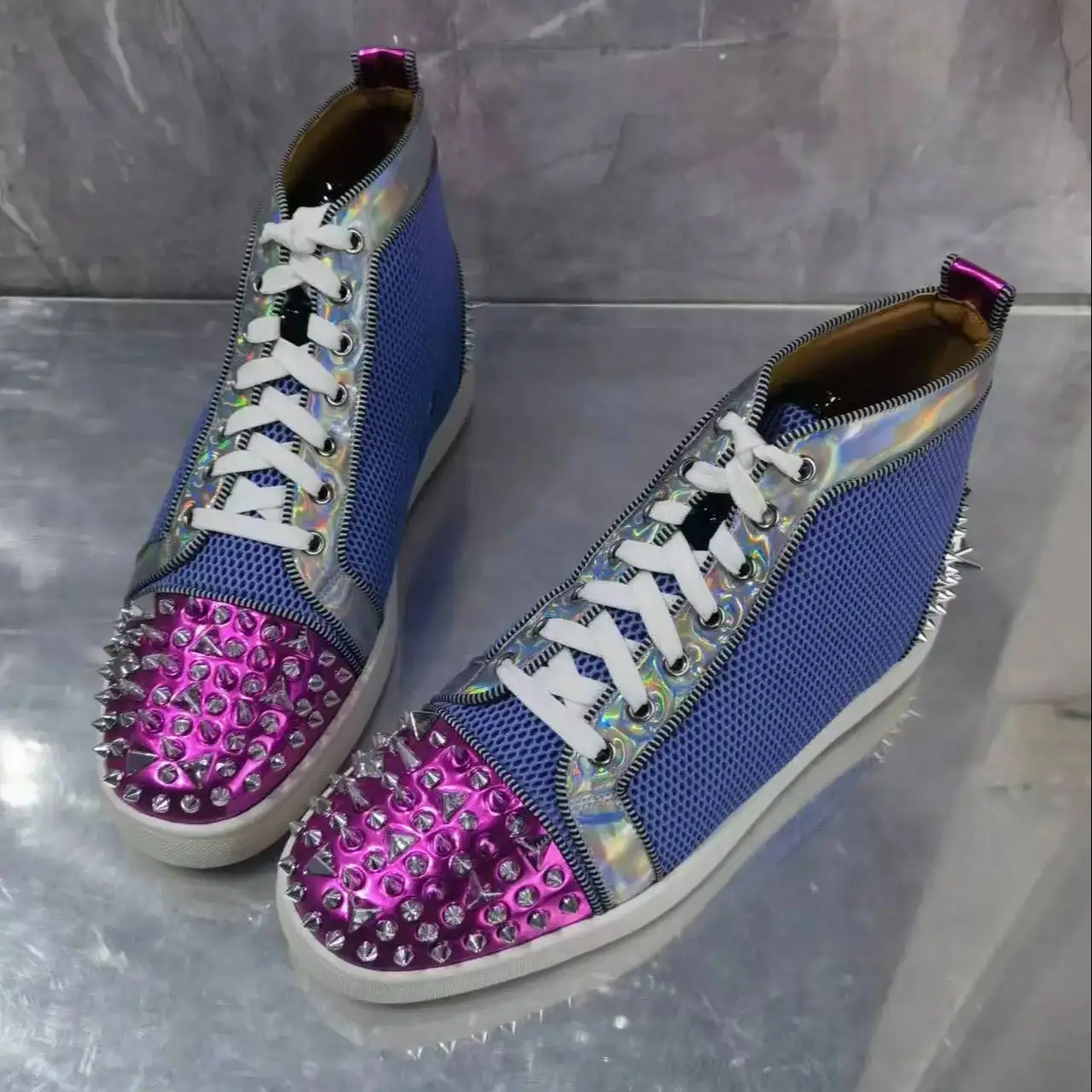 Pink Rivets Blue Leather Patchwork Colors Sneakers Women And Men Round Toe Zipper Shape High-Top Casual Sports Shoes Unisex 2025
