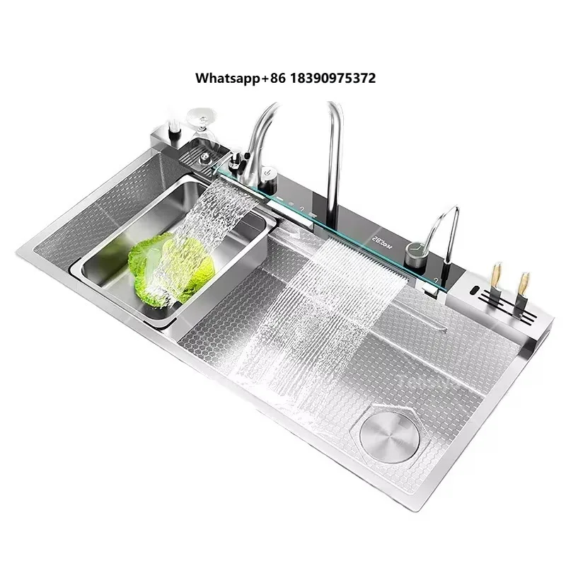 Stainless Steel Handmade Single Three Waterfall Kitchen Sink Intelligent Digital Display Faucet Modern Design Brushed Surface