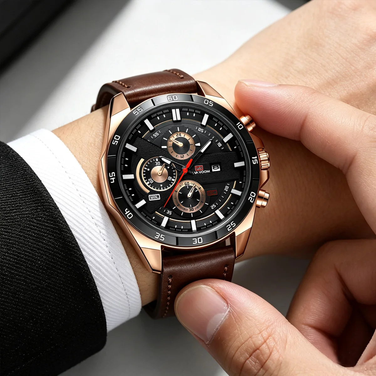 VA VA VOOM Watch 46mm Case Men Black Leather Fashion Sports Quartz Clock Racing Series Free Shipping Waterproof Military Watches