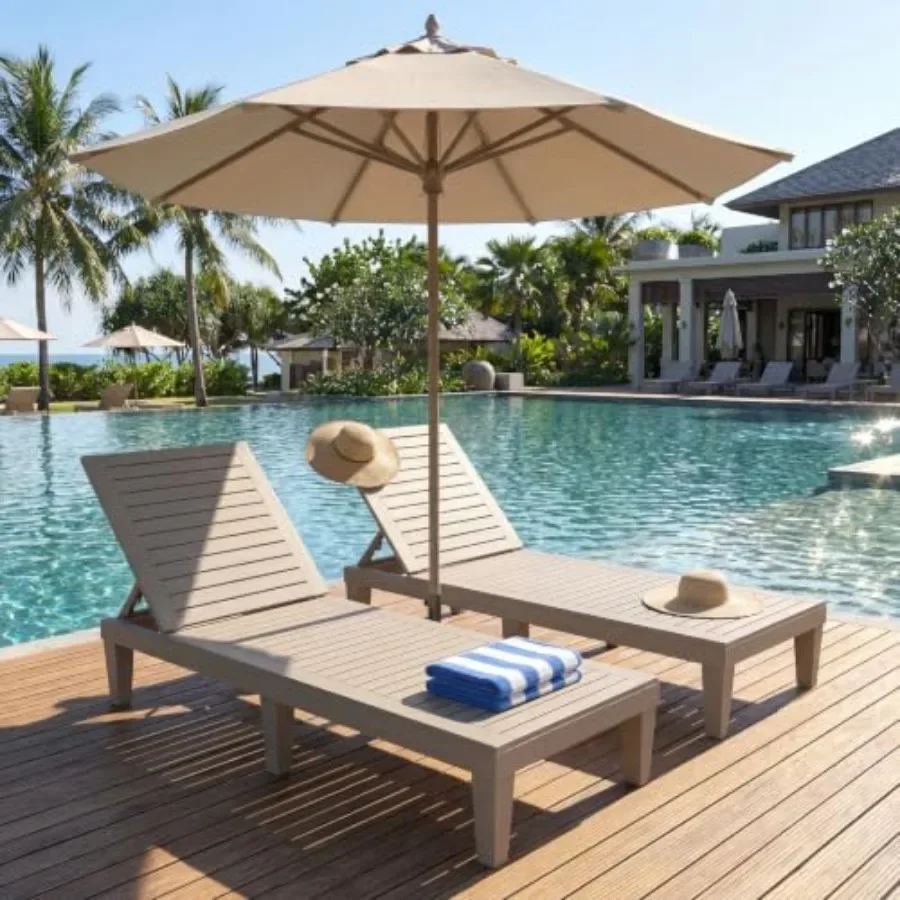 Patio chaise lounge chair set of 2, 5-position adjustable outdoor lounge chair, aluminum frame with beige polyester fabric, rus