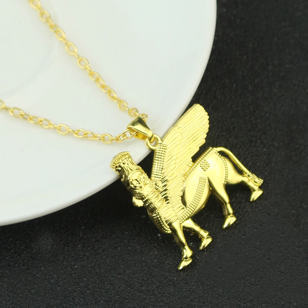 Ashur Pendant Necklace for Women Men Lama,Lamma,Winged Bull Lamassu is an Assyrian Protective Deity Jewelry ﻿