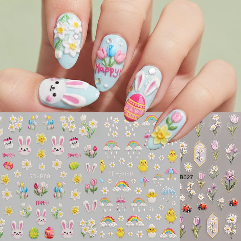 1/3 Stück Frühlingsblumen 5D Nagelkunst-Aufkleber Frohe Ostern Cartoon Hase Huhn Tulpe Blumenmuster Nagelsticker DIY Maniküre-Dekorationen