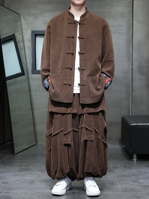 

Новый китайский мужской комплект из двух предметов: свободный крой, большие размеры, пальто на пуговицах, брюки-фонарики, повседневный осенний наряд, полиэстер