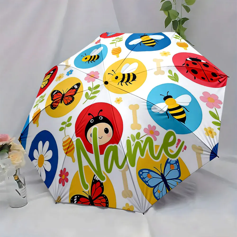 Custom Name Umbrella Colorful Insect and Flower Umbrella Design Print 8 Iron Ribs Folding Umbrella Auto-Open Fashion Sunshade