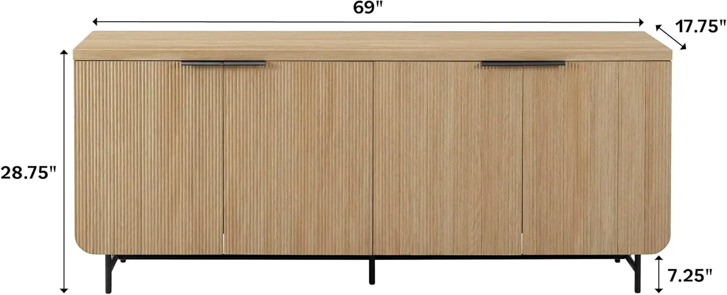 Buffet de rangement de cuisine à porte cannelée scandinave moderne, console d'armoire de planche, chêne côtier, noir, 69 po