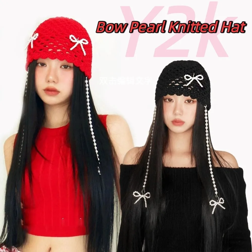 

Sweet Pearl Tassels Crochet Knitted Hat Bohemian Style Thin Bow Pearl Beanies Hollow Out Handmade Knit Cap Outdoor