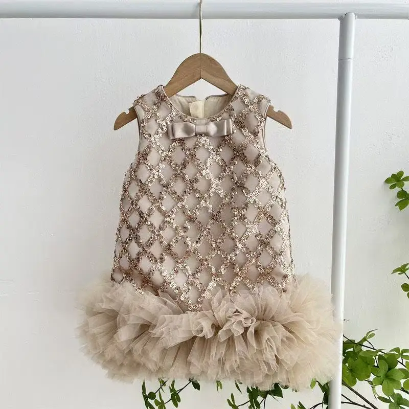 

Baby Girl Princess Bow Tulle Dress Sleeveless Infant Toddler Girl Vintage Sequins Vestido Party Pageant Birthday Frocks 2-6Y