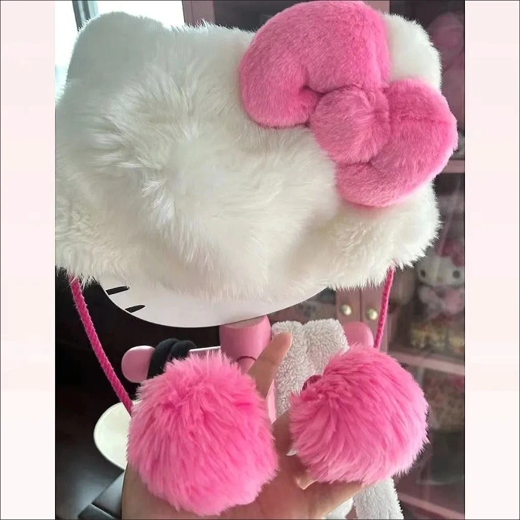 لطيف مرحبا كيتي أفخم قبعة Kawaii الأحمر القوس فروي قبعة الخريف الشتاء الفتيات موضة قبعات دافئة في الهواء الطلق حماية الأذن للنساء هدية