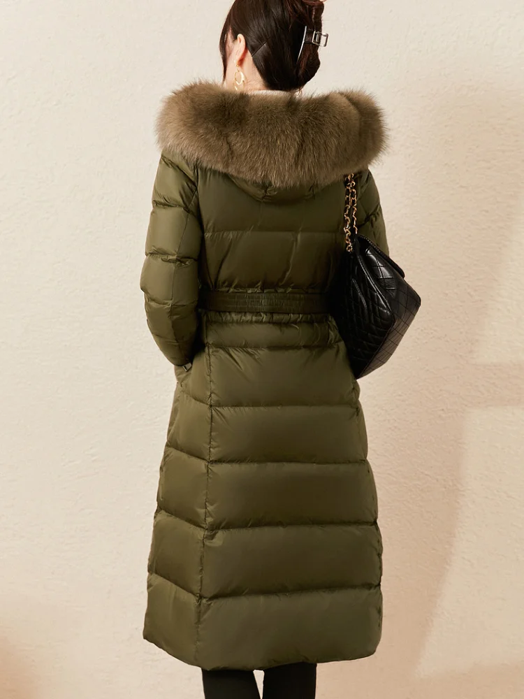 Puffer Coats with Big Fur Collar for Women, Luxury Long Hooded Jacket with Belt, Thickened Windproof Coats, New, 2024