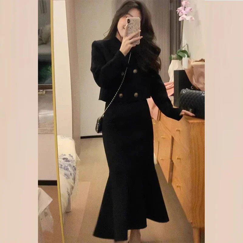 Insozkdg Chic High-End Skirt Suits 2024 New Arrival Women’s Autumn Winter New Tweed Blazer + Mermaid Skirt Two-Piece Set Women