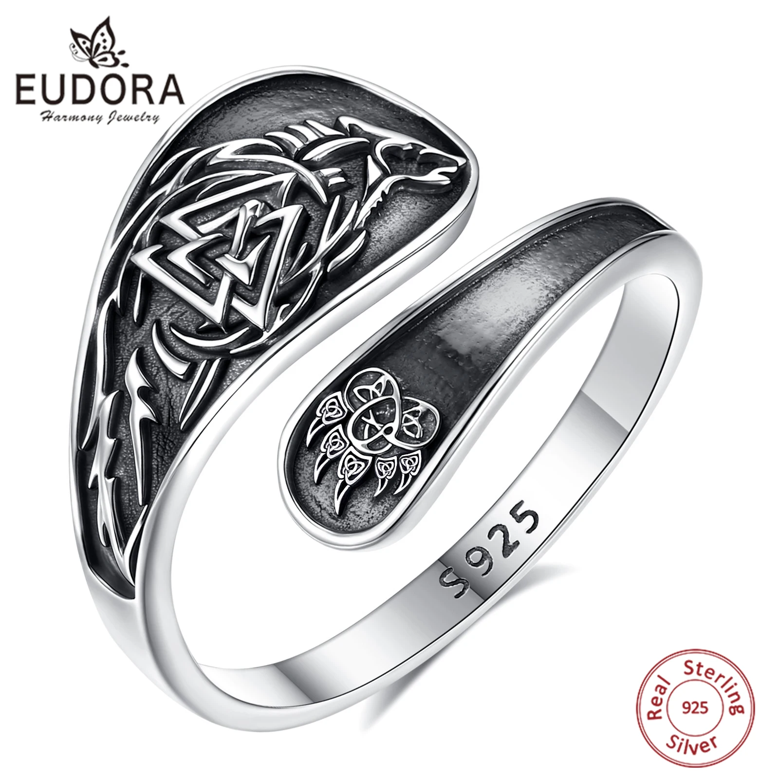 

Eudora, регулируемое кольцо из стерлингового серебра 925 пробы с волком викингов, винтажное кольцо из скандинавского валкнута, языческие украшения, духовный подарок для мужчин и женщин