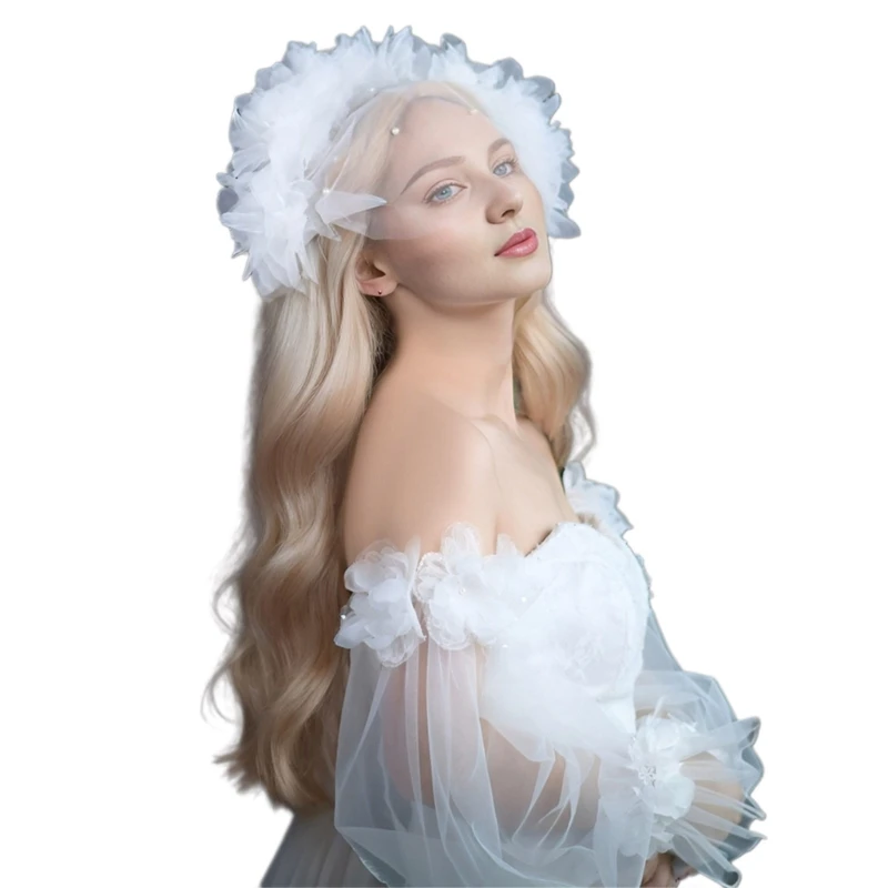 

Bridal Veil Studded Hair Hoop 3D Flower Bachelorette Party Head Scarf Bride Gift Bridal Shower Wedding White