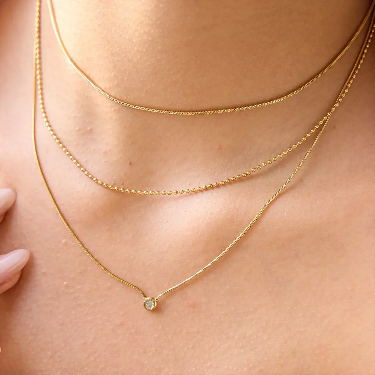 

YHTOT Classic Simple Stainless Steel Three Layer Necklace Zircon Pendant Stackable Necklace Women's Jewelry