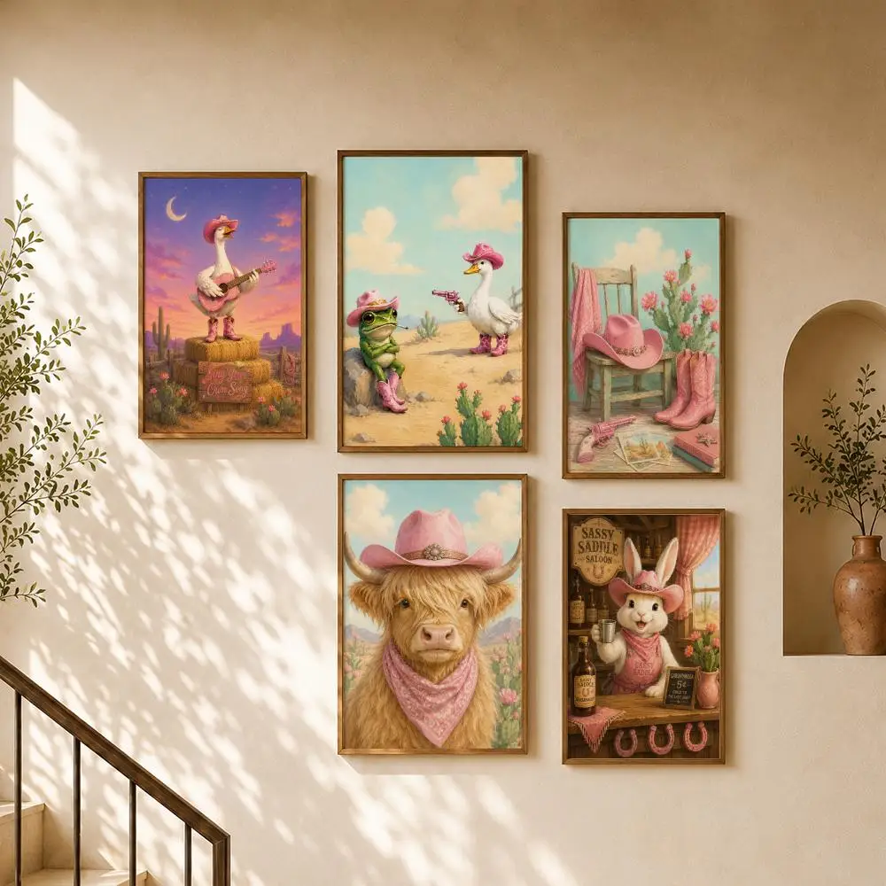 Pink Western Animal Cowboy Retro Desert Aesthetic Poster Home Room Cafe Club Decor Aesthetic Art Wall Painting