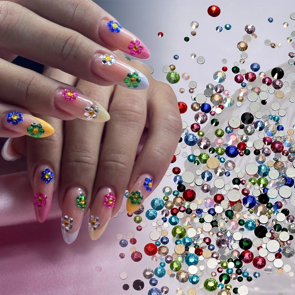12 Gitter, 3D-weiße Nail-Art-Strasssteine und 2 Werkzeuge, gemischte Größen, flache Rückseite, rundes Glas, Diamant-Nagel-Charms, DIY-Handwerk, Maniküre-Zubehör – Detail 8