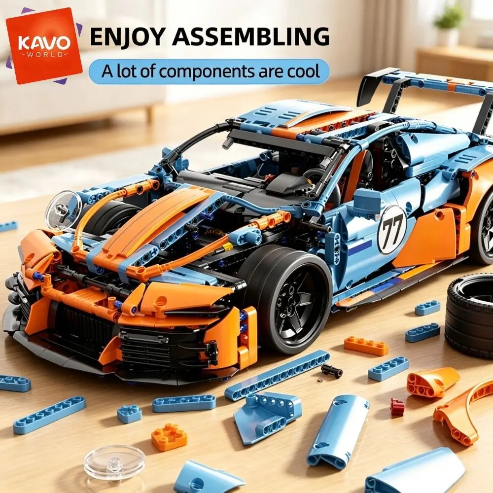 KAVOWORLD 1623PCS 1:10 Scale Building Block Sports Car Set Educational Construction Toy Simulated Racing Vehicle Brick Model with Movable Rear Spoiler Drift Wheels Sleek Body for Desk Home Office Decor Christmas Birthday Gift for Racing Fans