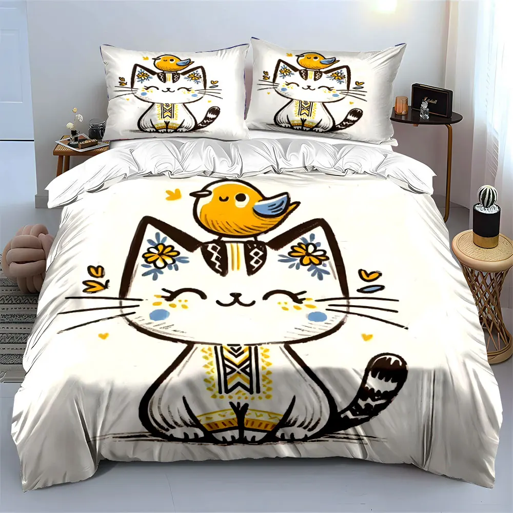 Cute cat with yellow bird Printed Duvet Cover Set 1 Duvet Cover+2 Pillowcase Multi Size Bedroom Bedding Decor Luxury Gift