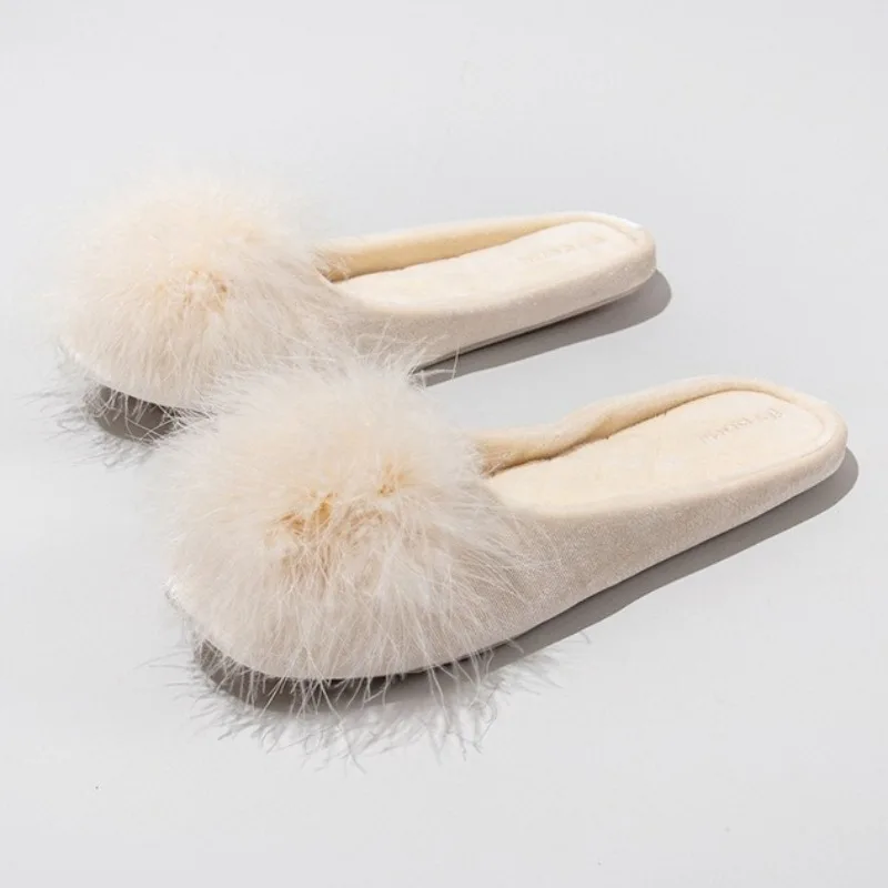 ريشة شعري تزيين شبشب منزل دافئ النساء الراحة الساتان شقة مصمم حذاء خفيف الوزن عدم الانزلاق نعال من القطن السيدات