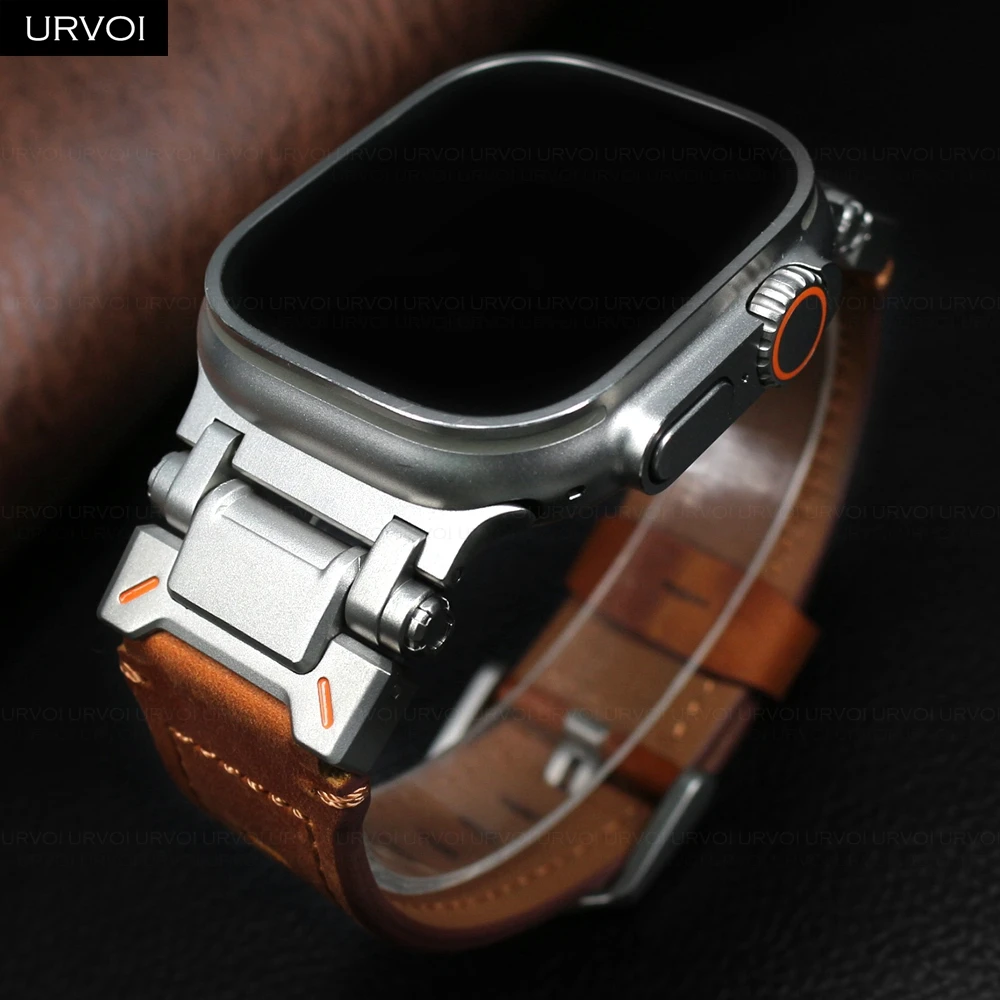 URVOI Band for Apple Watch Ultra 2 1 Series 9 876 SE 54 Explorer Leather Strap for iWatch wristband Pin buckle titanium color