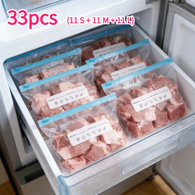 33PCS(S11+M11+L11) Reusable Storage Bags,3 Sizes  Bags for Food Preservation,Refrigerator Freezer Bags for Fruit Meat Veggies