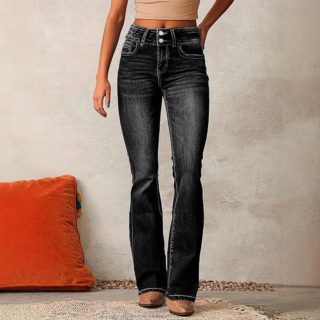 Retro elastic jeans women's long spring new style washed street micro flared pants for women