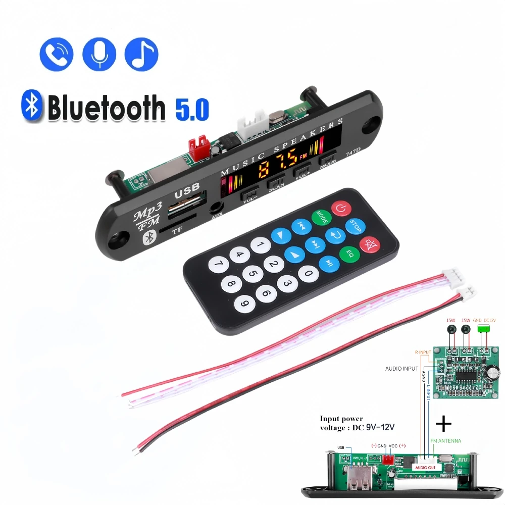 DC 9V 12V MP3 WMA Decoder Board 30W Wireless Audio Module USB AUX FM TF Radio Bluetooth 5.0 Music Car Player With Remote Control