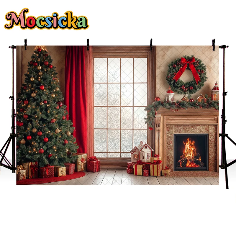 Mocsicka Xmas Czerwone Okna Drzewa Tła Dzieci Dorośli Fotografia Dziecko Dziecko Photocall Dekoracje Święty Mikołaj Tła