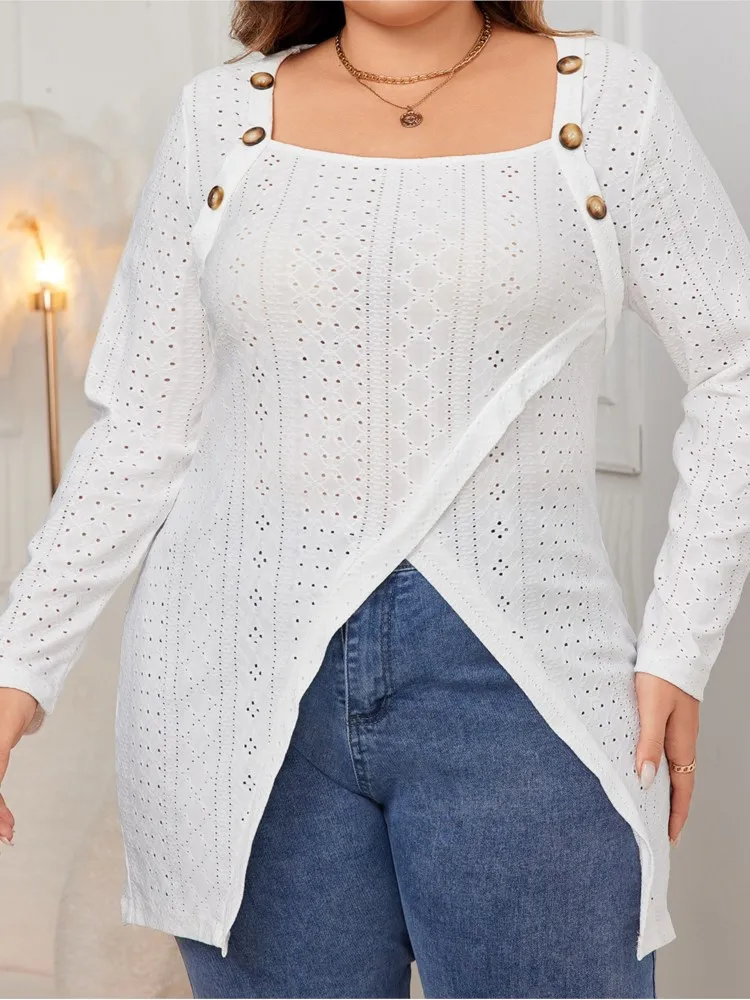 Plus Size Herfst Vierkante Kraag Tops Vrouwen Onregelmatig Uitgehold Patchwork Modis Split Dames Blouses Losse Lange Mouw Vrouw Tops