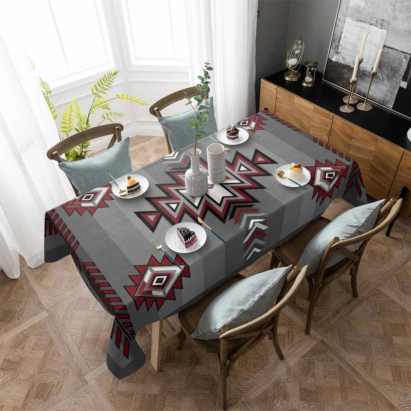 

Bohemian Aztec Rural Farmhouse Black Red Gray Waterproof Tablecloth Party Decorations Rectangle Table Cloth Kitchen Table Decor