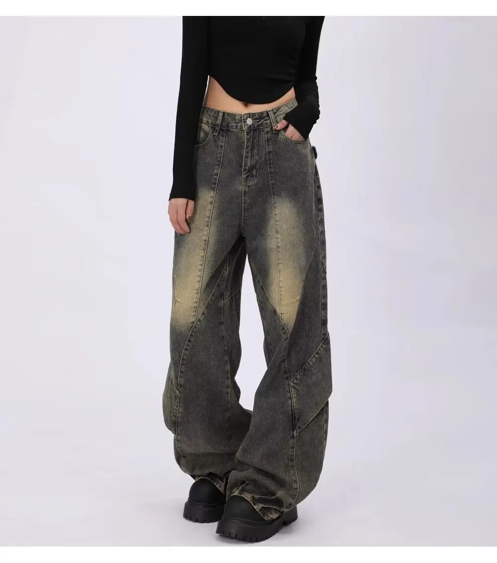 Vintage Women Jeans Loose Fit Casual Versatile Wide Leg Straight Pants high street patchwork drape feeling micro flared pants
