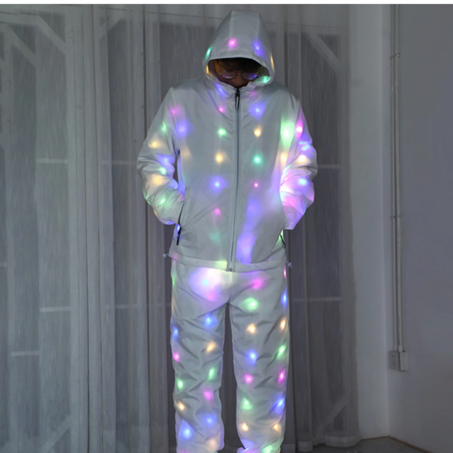 LED Light up Jacket Hoodie and Pants Men White Luminous Rave Outfit Dancer Stage Performance Nightclub DJ Hip Hop Suit 2026