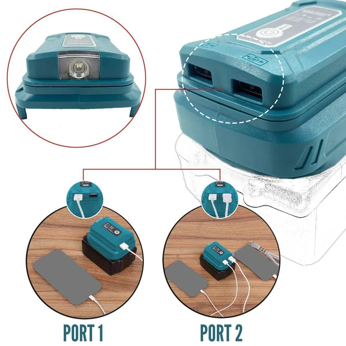 Lampu kerja LED pengisi daya untuk Makita 14.4V 18V li-on baterai Dual USB adaptor baterai untuk BL1830 BL1430 BL1850 dengan lampu LED