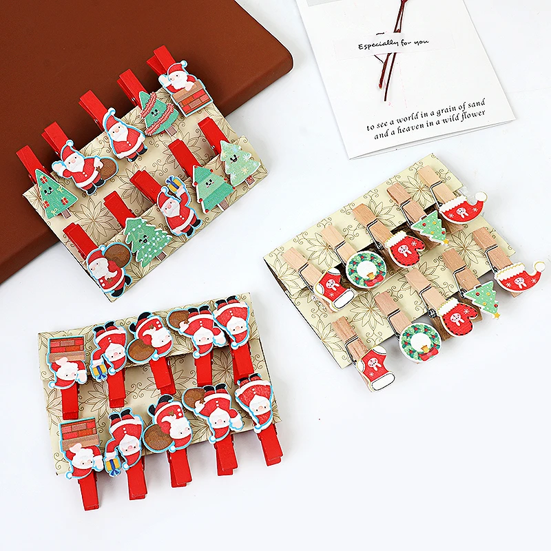 10pcs Christmas Wood Clips Santa Claus Snowflake Xmas Tree Photo Frame Paper Clips Clothespins DIY Gift Bag Clip Christmas Decor